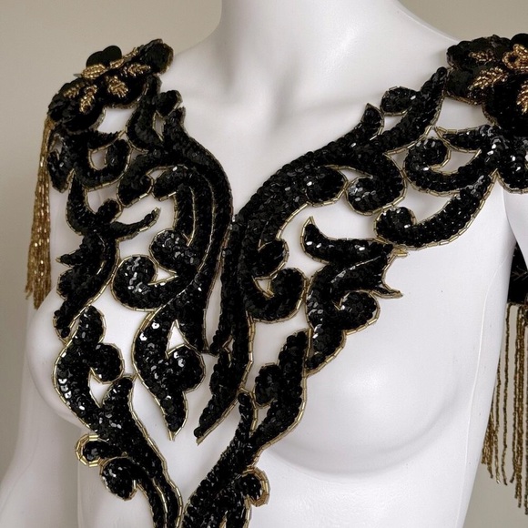 Vintage Black & Gold Ornate Hand Beaded Sequin Bodice Appliqués Patch Piece - Picture 5 of 10